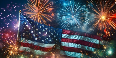 Celebrating Independence Day with Fireworks and the American Flag symbolizing Freedom and Patriotism. Concept Independence Day Celebration, Fireworks Display, American Flag, Freedom, Patriotism