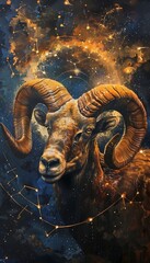 Cosmic Ram:Astrological Aries Embodied in Mystical Galaxy Landscape