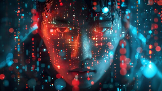A double exposure portrayal of a programmer fused with lines of glowing code, representing the hack theme