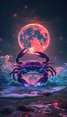 Majestic Lunar Crab Emerging from Glowing Tidal Pools under a Vibrant Cosmic Sky