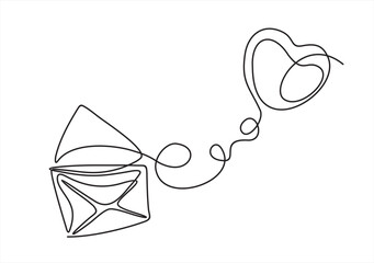 Envelope with a heart one line drawing. Continuous line drawing of paper envelope with  heart. Flying love envelope continuous line.New message or letter sent by email.