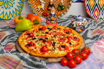 cooking, eating, olives, uzbekistan, asia, wooden', pizza background, delivery food, tomatoes, salami, italian restaurant, italy, yummy, pastry, meat, thin crust pizza, sausage, pizza, vegetarian