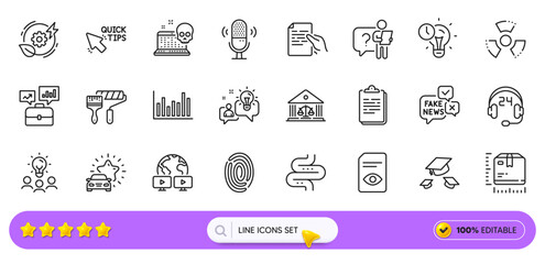 Search employee, Bar diagram and Idea line icons for web app. Pack of Quick tips, Court building, Chemical hazard pictogram icons. Consulting, Video conference, Hold document signs. Search bar. Vector