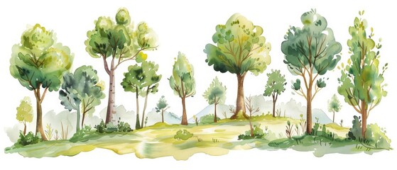 A watercolor of an enchanting forest with towering trees, detailed in a cute style, presented as clipart isolated on a white background