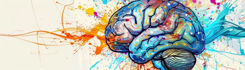 Adrenal health awareness highlighted by a brain with intertwined circuits and splashes of paint