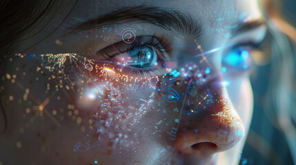 Close-up of a woman's eye with glowing digital graphics.  generative ai