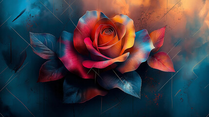 Abstract close-up illustration of an amazing rose flower in an artistically stylized colorful background
