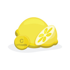 Fototapeta premium An illustration of a yellow lemon and lemon slices with a vitamin C icon on a white background.