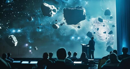 Public lecture by a scientist with asteroid orbit background on special day. Asteroid Day