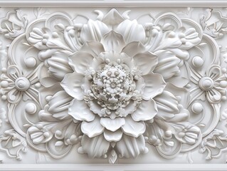white floral and decorative ornament design, circular shape with square border, symmetrical composition