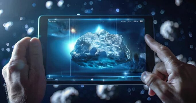 Augmented reality asteroid on a tablet, celebrating modern technology day. Asteroid Day