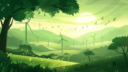 Ecofriendly scene with a green energy banner, promoting renewable and sustainable resource use