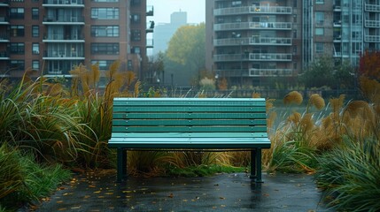 High-resolution picture of a mint green park bench swallowed by tall grasses and morning dew in a city park