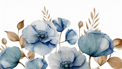 Hand Painted watercolor Boho poppies, blue wildflowers on white background.Aesthetic minimal.