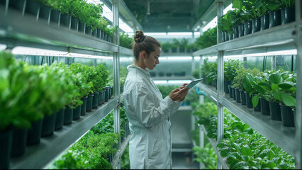Woman in lab coat uses tablet in high-tech greenhouse hydroponic farm to enhance plant growth.