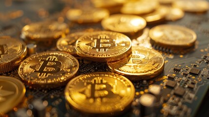 Gold coins of bitcoins, Cryptocurrency, digital money concept