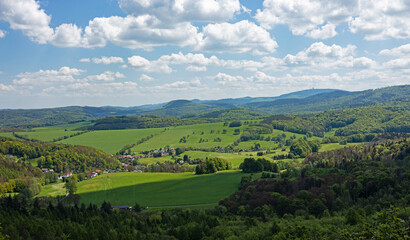 view from dragon stone mountain viewpoint near Eisenach over the western Thuringian Forest arround the village Mosbach