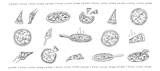 Large set of pizza, Italian cuisine, slice of pizza and satisfied cook. Pizza time. Pizza lover. Doodle style. Hand drawn. Great for menu design, banners, sites, packaging. Vector illustration EPS10