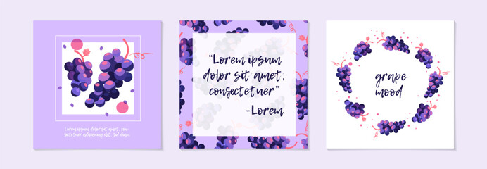 Fruit square social media post. Vector illustrations and border of summer cute grape for poster, card, flyer, brochure, banner or background. Drawings bright hand-drawn design