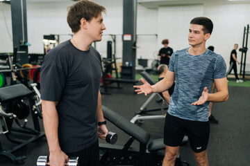 Side view of personal male trainer helping young beginner sportsman and discussing together in gym. Fitness coach male discussing training, workout plan and progress in health and wellness facility.