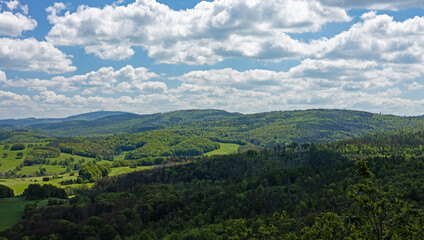 view from dragon stone mountain viewpoint near Eisenach over the western Thuringian Forest arround the village Mosbach