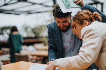 Caught off guard by the rain, the business teammates quickly improvised, using their papers to...