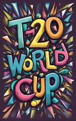 A colorful poster for the T20 World Cup. The poster is full of bright colors and has a lot of text. The text is in different colors and is written in a fun and playful font