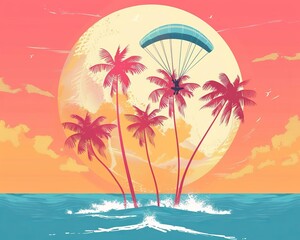Tropical paradise flat design side view tropical island bird sanctuary tour theme 3D render Splitcomplementary color scheme