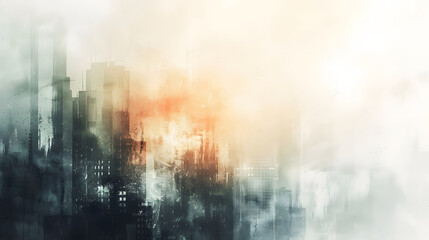 Naklejka premium A cityscape with a cloudy sky and a bright orange sun