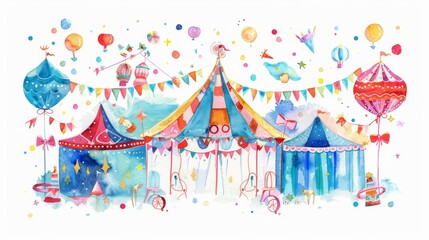 Watercolor depiction of a lively carnival with festive decorations, illustrated in a vibrant kawaii style, isolated on a white background