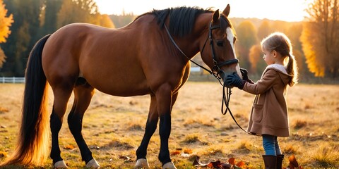 Cute little girl with her horse on nature meadow. Generative AI