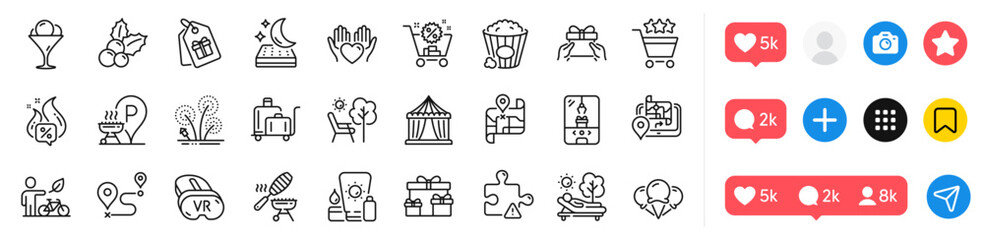 Ice cream, Gps and Crane claw machine line icons pack. Social media icons. Lounger, Eco bike, Journey web icon. Puzzle, Fireworks, Map pictogram. Mattress, Hold heart, Circus tent. Vector