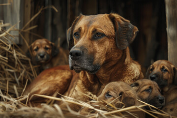 A dog and its puppies are laying in a hay-filled area