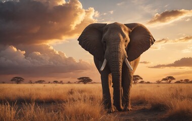 Majestic Elephants Roaming the Savannah at Sunset
