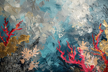 A painting of a coral reef with a blue sky in the background