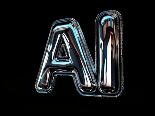 AI, artificial intelligence logo, 3d logo chrome texture, black background