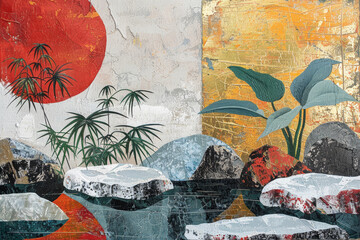 A painting of a pond with a red sun and green plants