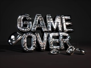 game over, 3d logo chrome texture, black background