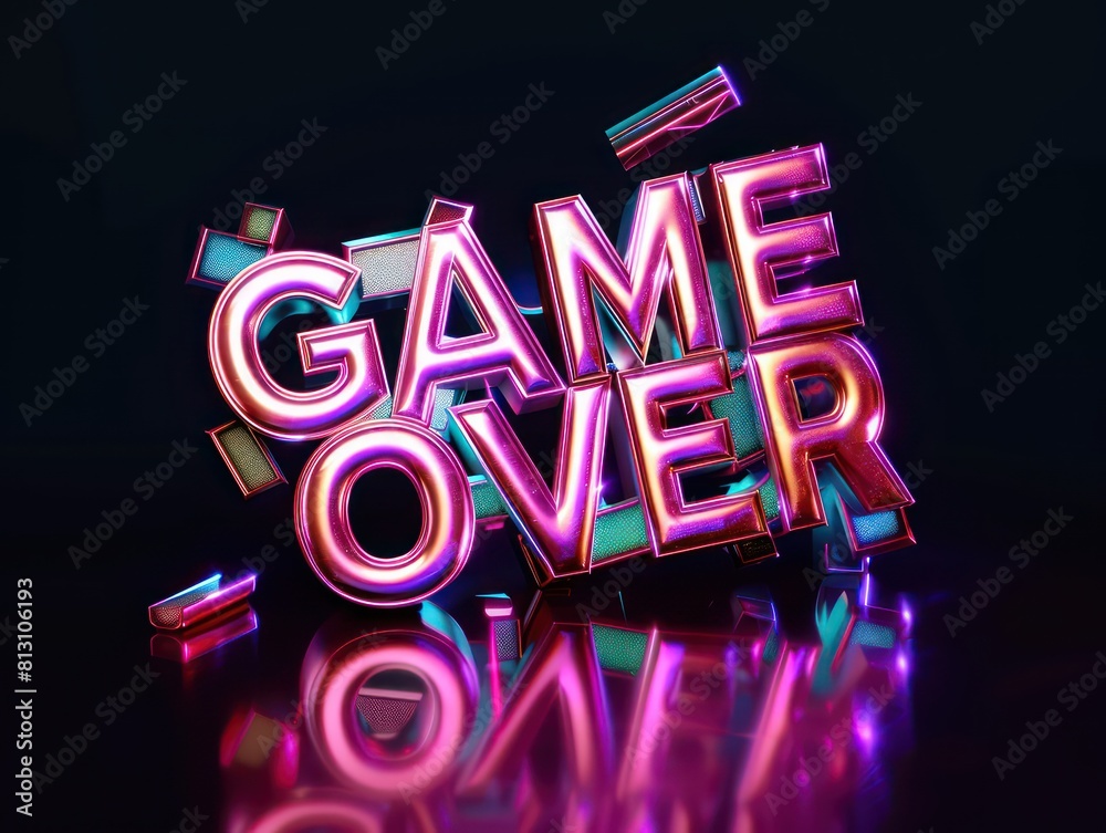 Wall mural game over, 3d logo chrome texture, black background - Wall murals