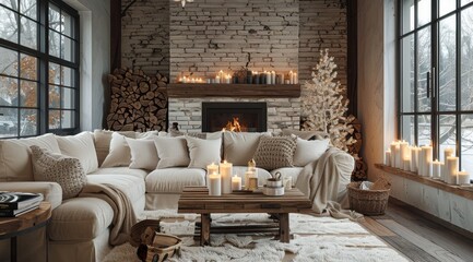 Fototapeta premium A Cozy Living Room With Fireplace and Furniture