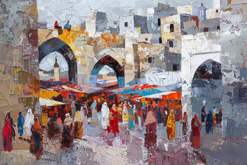 A painting of a busy market with people walking around