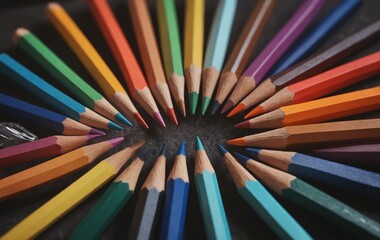 Naklejka premium Colorful writing implements lined up on table, including pencils and crayons