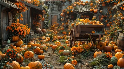 Realistic image of a chocolate brown wooden cart overwhelmed by wild pumpkins and squash in an old farmyard