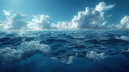ocean with clear blue waters, under the bright sun and blue sky