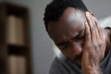 Fototapeta premium Black man with hand to face for toothache 