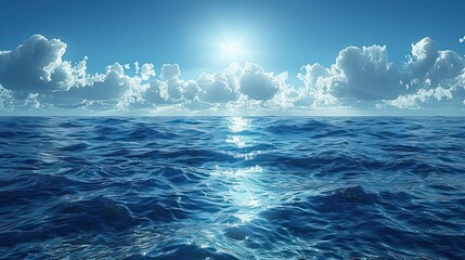 ocean with clear blue waters, under the bright sun and blue sky
