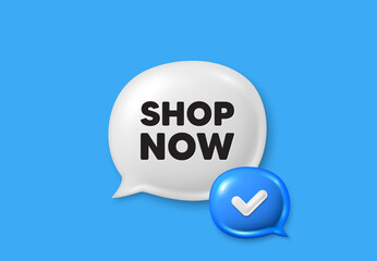 Shop now tag. Text box speech bubble 3d icons. Special offer sign. Retail Advertising symbol. Shop now chat offer. Speech bubble banner. Text box balloon. Vector