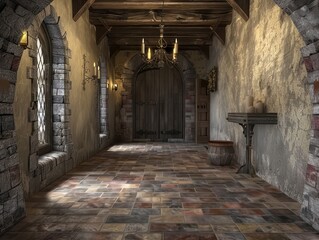 entrance hall inside a medieval castle