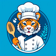 Clipart avatar of a tiger a chefs hat a white coat and cook, cartoon chef logo on a blue background.