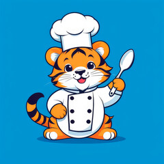 Clipart avatar of a tiger a chefs hat a white coat and cook, cartoon chef logo on a blue background.